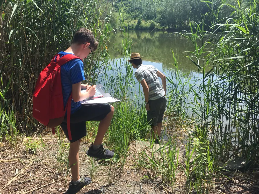 Zwei Jugendliche am Ufer eines Teichs, umgeben von Schilf: einer macht sich Notizen auf einem Klemmbrett, der andere beugt sich über das Wasser. Szene aus einer naturkundlichen Exkursion oder Wildnissafari.