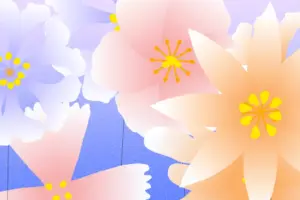 Grafische Illustration verschiedener stilisierter Blüten in Pastellfarben mit gelben Staubblättern vor einem blauen, leicht texturierten Hintergrund.