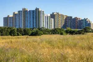 Mehrere hohe Wohngebäude hinter einem Feld mit hohem Gras und Büschen unter blauem Himmel.