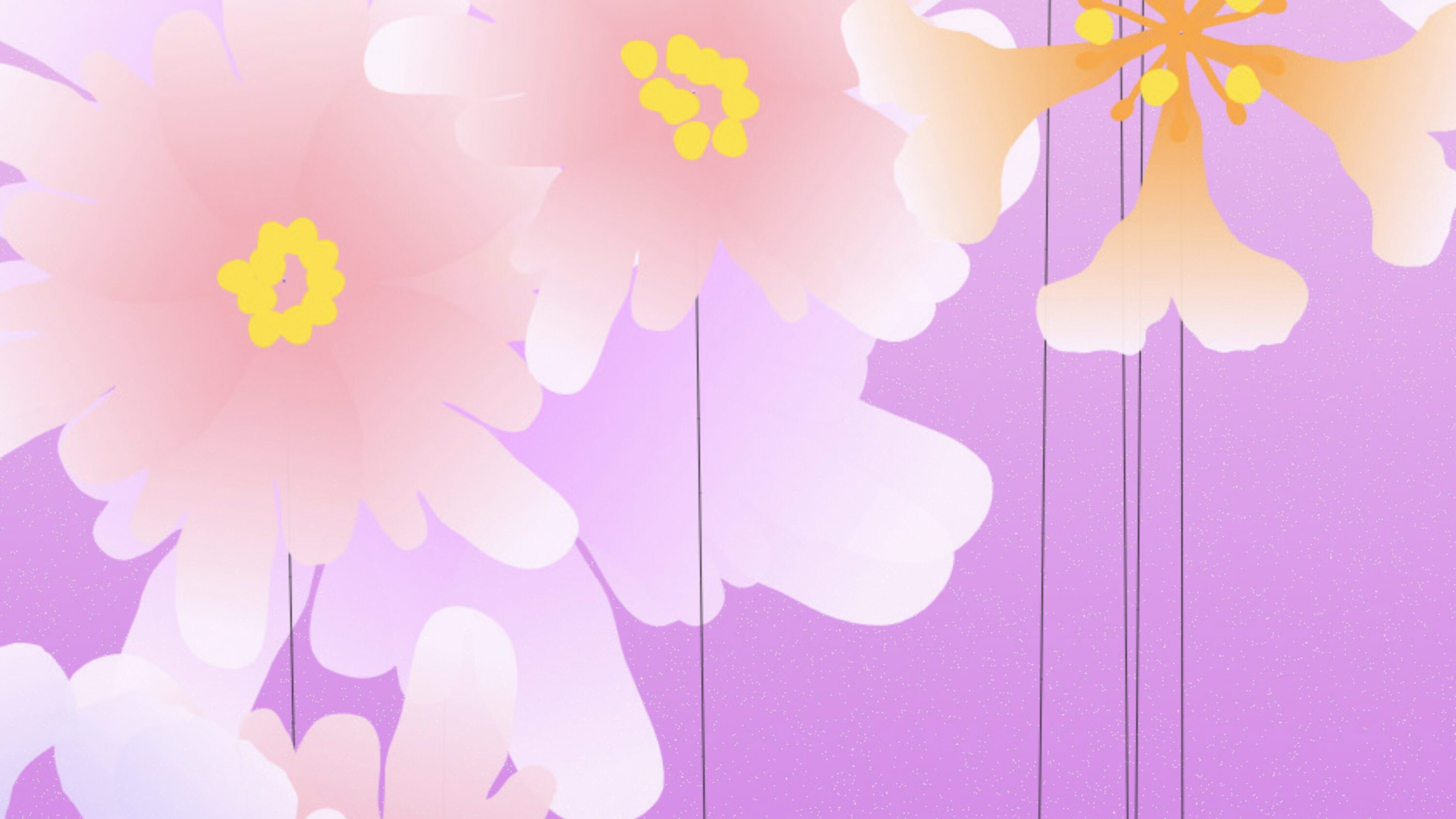 Abstrakte Grafik mit großen, pastellfarbenen Blüten in Rosa, Gelb und Orange vor einem violetten Hintergrund.